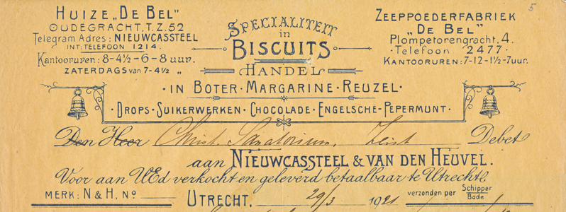 710720 Kop van een nota van Huize De Bel , Nieuwcassteel & Van den Heuvel, Handelsfirma, Oudegracht Tz. 52; ...